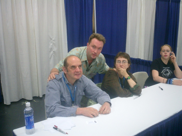 With "American Splendor" creator and star Harvey Pekar and his wife Joyce, obviously enthralled to meet Will the Thrill, as their daughter casually looks on, Wondercon, SF, 5/1/04